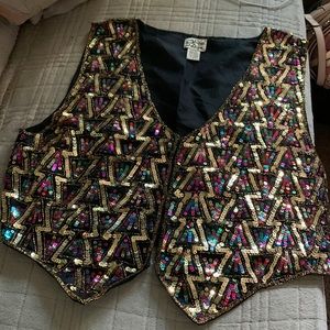 Style Design womens 100% Silk black w/gold and multicolored Sequins Vest Size L